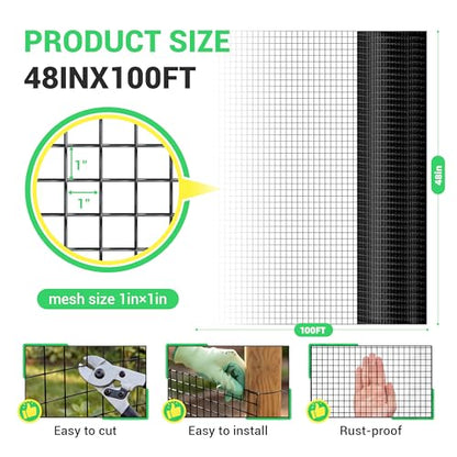 Land Guard 48 inch×100 ft Black Vinyl Coated Hardware Cloth, 19 Gauge 1 inch Black PVC Hardware Cloth, Black Welded Wire Fence Supports Poultry Netting Cage Fence - color: Black, size: 1 Inch 48inch×100ft