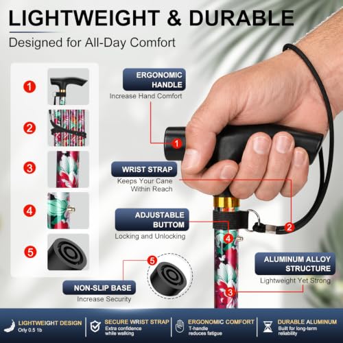 supregear Folding Cane, 5-Level Adjustable Height Walking Stick Lightweight Collapsible Portable Travel Cane with Wrist Strap and T Handle for Elderly Disabled Men Women - color: Dark Pink Floral