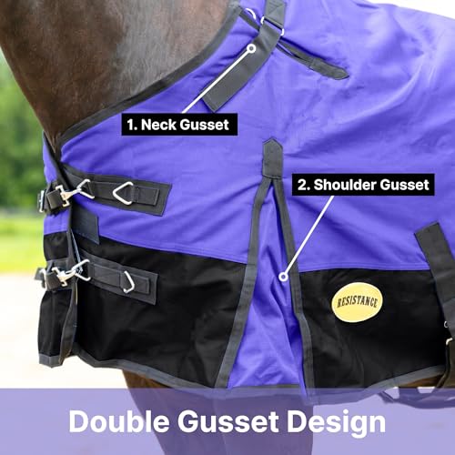RESISTANCE Premium 1200 Denier Waterproof Horse Turnout Blanket with 300g Polyfill & Adjustable Buckle Closure - color: Purple, size: 68"