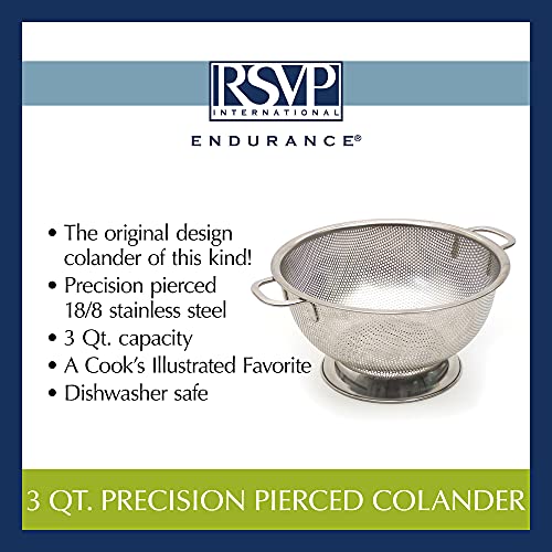 RSVP International Endurance Kitchen Collection Colander Strainer, 3 Quart, Pierced Stainless Steel - size: 3 Quart