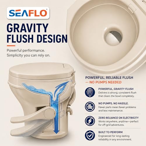SEAFLO Bone RV Toilet, Residential Height 18.4", Gravity Flush Foot Pedal, Soft Close Seat, Camper Toilet for RV Motorhome Travel Trailer, Parchment, SFRTPH-02-01, 4-Year Warranty - color: Bone