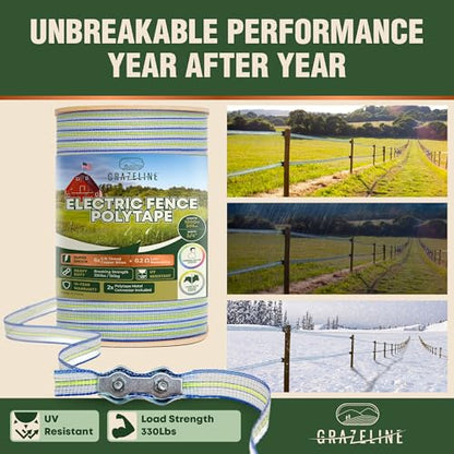 Electric Fence Polytape 1000ft, 3/4" Fence Tape, 6 Tinned Copper Wires - size: 1000 ft