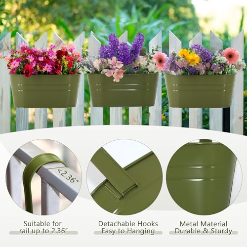 3 Pack Metal Railing Planters, 10.5" Oval Hanging Flower Pots with Detachable Hooks & Drainage Holes, Fits Rails up to 2.36", Galvanized Iron Fence Bucket for Balcony Garden Patio - Green - color: Green, size: 3 Pack, 10.5"L x 5.7"W x 4.7"H