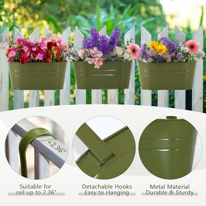 3 Pack Metal Railing Planters, 10.5" Oval Hanging Flower Pots with Detachable Hooks & Drainage Holes, Fits Rails up to 2.36", Galvanized Iron Fence Bucket for Balcony Garden Patio - Green - color: Green, size: 3 Pack, 10.5"L x 5.7"W x 4.7"H