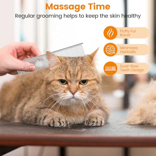 PETTOM 2Pcs Stainless Steel Dog Comb, Round Tooth Cat Comb with 2 Tooth Widths, Metal Combs for Removing Knots and Tangles, Grooming Tool for Long and Short Hair Pets, 7.5 IN Silver - style: Comb C