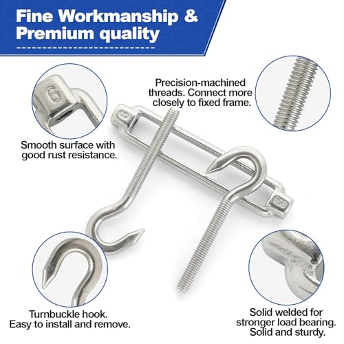 TooTaci 10PCS M6 Turnbuckle, 304 Stainless Steel Turnbuckle Hook and Hook | Turnbuckle Wire Tensioner, 220lb Adjustable Turnbuckles for Cables Wire, Shade, Cable Tightener, Garden Trellis, Clothesline - size: M6 CC-10Pcs