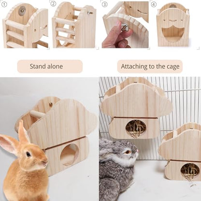 JanYoo Rabbit Hay Feeder,Natural Wooden Hay Holder for Guinea Pigs Bunny Cage Rabbit Hay Dispenser Hanging Standing-Champignons - size: Champignons