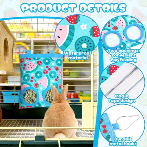 3 Pack Rabbits Hay Feeder Bag, 2 Holes Hanging Bunny Hay Feeder Guinea Pig Feeding Bag Storage Dispenser for Bunny Rabbits Chinchillas Hamsters Small Pets and Animals - color: Blue Green Yellow