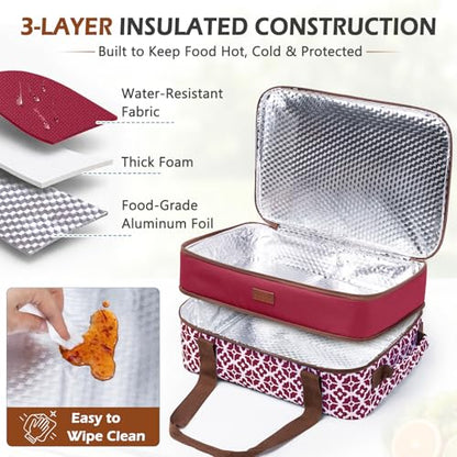 BAGSPRITE Double-Layer Insulated Casserole Carrier for 9" x 13" Baking Dish - color: Cranberry
