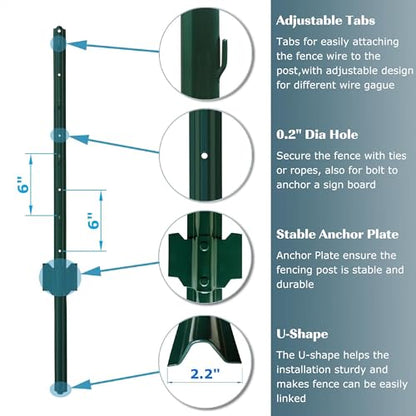 6 Feet Heavy Duty Metal Fence Post Green, Pack of 5, for 60 Inch HighGarden Welded Wire Fence U-Channel Steel Garden Post Assemble - color: Green, size: 6',5 PCS