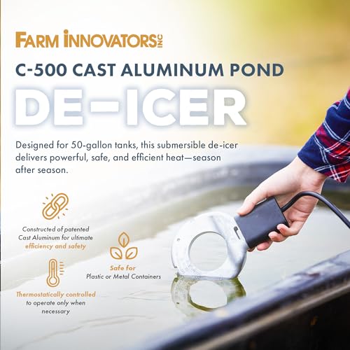 Farm Innovators C-500 Submergible Cast Aluminum Utility Water De-Icer, Powered at 500 Watts with 50 Gallon Capacity for Versatile Farm Use