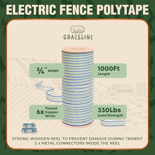 Electric Fence Polytape 1000ft, 3/4" Fence Tape, 6 Tinned Copper Wires - size: 1000 ft
