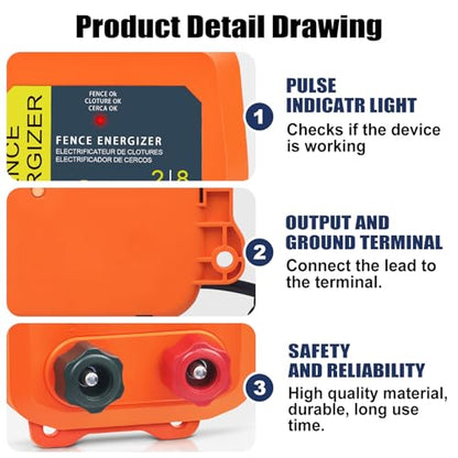 Electric Fence Energizer, 2-Mile/ 8 Acres Plug in Electric Fence Charger, Livestock Fence Charger for Dogs, Raccoons, Livestock, Squirrels, Chicken Coops, Skunks intruding, 0.1 Joule - color: Orange