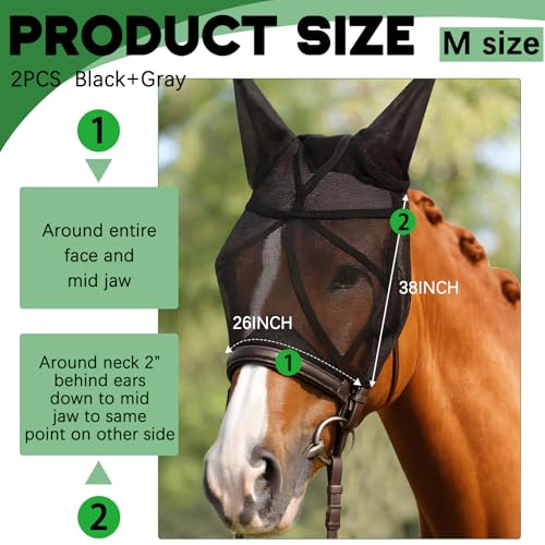 2 Pcs Horse Fly Mask with Ears Adjustable UV Protection Horse Fly Mask Accessories Large Eye Space with Ears for Horses Summer, Black and Gray(M-cob) - size: M-cob
