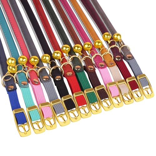 OOPSDOGGY Rolled Leather Cat Collar with Bell - Reflective Kitten Collar with Safety Elastic Strap - Adjustable Small Pet Collars for Boy Girl Cats (Blue) - color: Blue