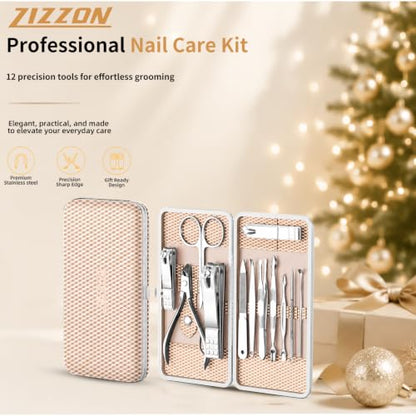 Manicure Set, Stainless Steel Nail Clipper Set with Luxurious Travel Case | 12-Piece Set with Thicker Steel, Precision-ground Cutting Edges, and Smooth-finished Tools for Clean, Precise Trimming. - color: Silver and Rose Gold