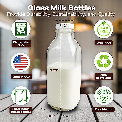 The Dairy Shoppe Heavy Glass Milk Bottles - Jugs with Extra Lids and a Silicone Pour Spout - Clear Milk Containers for Fridge - Reusable Glass Milk Jug Dispenser - Made in USA (33.8 oz, 2 Pack) - size: 33.8 Ounces