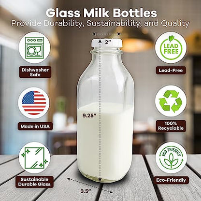 The Dairy Shoppe Heavy Glass Milk Bottles - Jugs with Extra Lids and a Silicone Pour Spout - Clear Milk Containers for Fridge - Reusable Glass Milk Jug Dispenser - Made in USA (33.8 oz, 2 Pack) - size: 33.8 Ounces