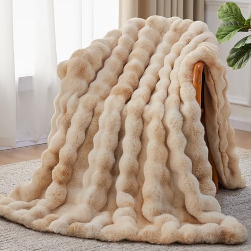 Anysay Faux Fur Throw Blanket,1000GSM Fluffy Soft Bubble Blanket 90''*104'' - color: Camel, size: King