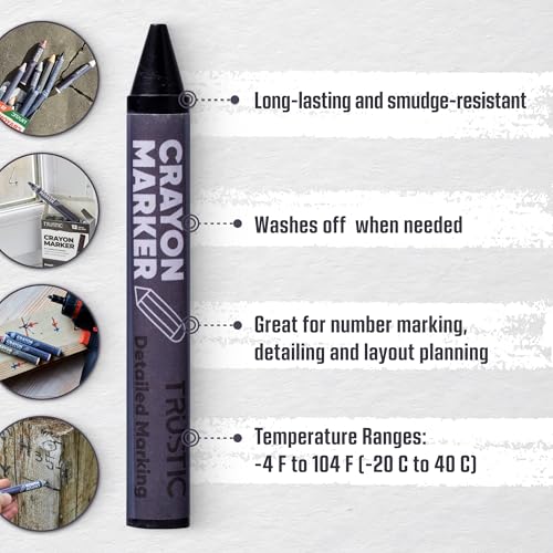 Universal Crayon Wax Marker for Industrial and Craft Detailed Marking on Lumber Metal Carton Ceramics Concrete Glass Plastic Tire 4 x 1/2", Pack of 12 (Black) - color: Black