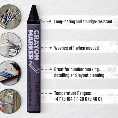 Universal Crayon Wax Marker for Industrial and Craft Detailed Marking on Lumber Metal Carton Ceramics Concrete Glass Plastic Tire 4 x 1/2", Pack of 12 (Black) - color: Black