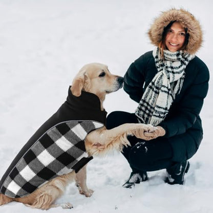 Kuoser Dog Winter Coat, Reversible Waterproof Dog Jacket with Reflective Strip, Warm Dogs Fleece Vest Adjustable Doggy Cold Weather Clothes Plaid Christmas Outfit Pet Apparel for Large Dogs, Black 2XL - color: Black, size: XX-Large (Chest Girth: 29.9-35.4