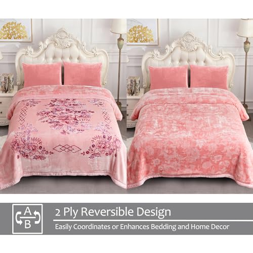 JML Raschel Fleece Heavy Blanket King, 87" x 94", Flowers Branches Pink | Korean Style, 2 Ply, A&B Printed, Embossed, Silky Soft, Cozy ,Thick, Warm for Winter - color: Flowers Branches Pink