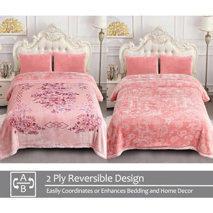 JML Raschel Fleece Heavy Blanket King, 87" x 94", Flowers Branches Pink | Korean Style, 2 Ply, A&B Printed, Embossed, Silky Soft, Cozy ,Thick, Warm for Winter - color: Flowers Branches Pink