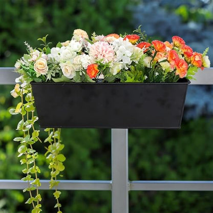 3 Pack Metal Railing Planters, 16 Inch Large Rectangular Hanging Flower Pots with Detachable Hooks & Drainage Holes, Fits Rails up to 2.5", Galvanized Iron Window Box for Balcony Garden - Black - color: Black, size: 3 Pack, 16.1"L x 5.1"W x 5.1"H