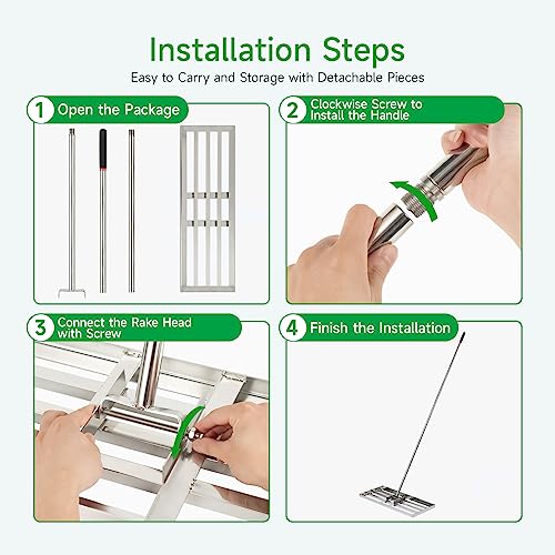 GreatBuddy Lawn Leveling Rake 30'' x 10", Heavy-Duty Stainless Steel Lawn Leveling Tool for Lawn, Soil, Sand, 78'' Extra Long Handle, Ideal for Yard, Garden - size: 30 Inch