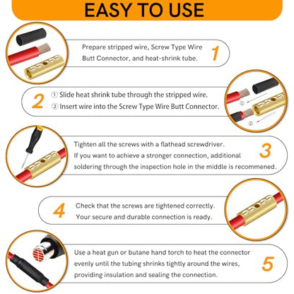 2 Gauge Wire Butt Connectors 6 PCS Brass Mechanical Butt Splice Connectors Kit 2 AWG Mechanical Repair Splice Kit Splice Screw Sleeves 6 PCS Mechanical Splices & 3:1 Heat Shrink Tubes - size: 2 Gauge, style: Mechanical Splice - Bare Pure Brass