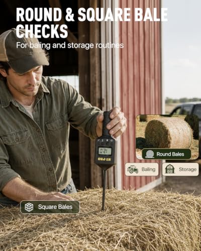 Hay Moisture Tester with 20" Probe, Moisture & Temperature Meter for Round and Square Hay Bales, Fast Backlit Readings, Calibration Clip Included, Black