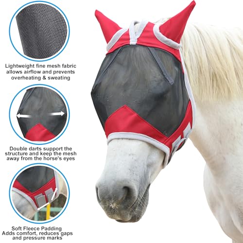 Horse Fly Mask with Ears, Breathable Fine Mesh Red Pony - color: Red, size: Pony