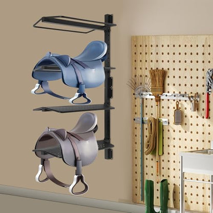 Saddle Rack 4 Tier Wall Mounted, Heavy Duty Saddle Storage Rack for Tack Room Barn Stable, Metal Horse Saddle Holder with Bridle Hooks, Western English Saddle Stand Organizer