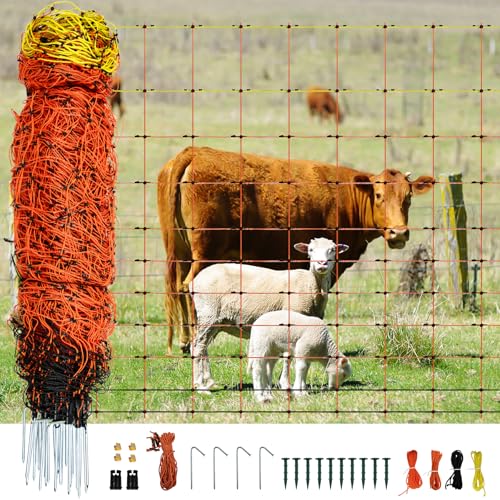 Electric Fence Netting 48"H x 164'L | with Posts and Double-Spiked Stakes, Portable Livestock Nets for Backyards, Homesteads, Gardens, Farms, and Ranches - size: 48"H x 164'L