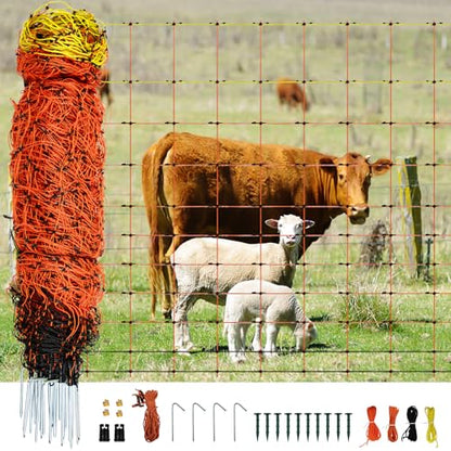 Electric Fence Netting 48"H x 164'L | with Posts and Double-Spiked Stakes, Portable Livestock Nets for Backyards, Homesteads, Gardens, Farms, and Ranches - size: 48"H x 164'L