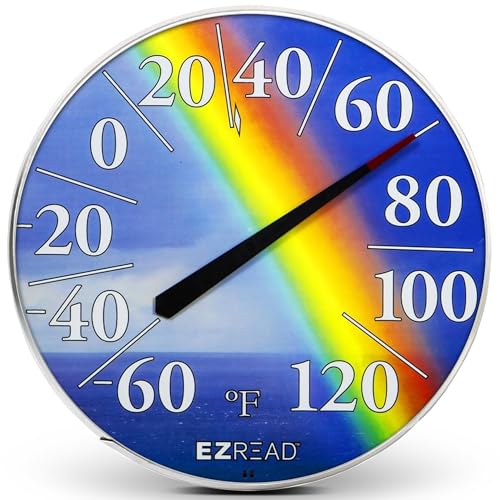 EZREAD Hanging Dial Thermometer 840-1220 Weather Thermometers for Indoor and Outdoor Use, Large 12.5 Inch Diameter, Easy to Read Numbers, Rainbow, Blue/Red/Yellow - color: Rainbow