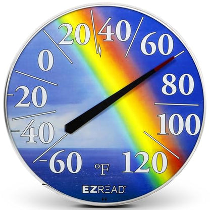 EZREAD Hanging Dial Thermometer 840-1220 Weather Thermometers for Indoor and Outdoor Use, Large 12.5 Inch Diameter, Easy to Read Numbers, Rainbow, Blue/Red/Yellow - color: Rainbow