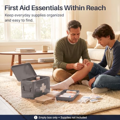 Flexzion Large Metal First Aid Box Empty, 13-Inch, Gray with White Cross - color: Gray, size: 13 Inch without Latch Lock
