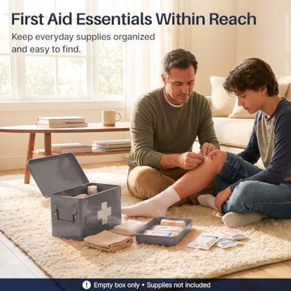Flexzion Large Metal First Aid Box Empty, 13-Inch, Gray with White Cross - color: Gray, size: 13 Inch without Latch Lock