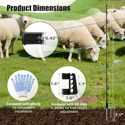 57 Inch / 4.8 Ft Fiberglass Electric Fence Posts, 16 Pack with Double Spikes & 64 Clips - Heavy Duty Farm Garden Livestock Fencing | Holds Wire/Tape/Rope - color: Black, size: 57" 16 Posts-64 Clips
