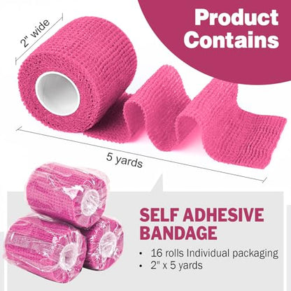 AZEN 16 Pack Self Adhesive Bandage Wrap Pink, 2" X 5 Yards Elastic Cohesive Bandage Wrap, Athletic Tape, Vet Wrap, Ankle Tape, Tattoo Grip Tape Wrap (Pink) - color: Pink, size: 2IN - 16Pack