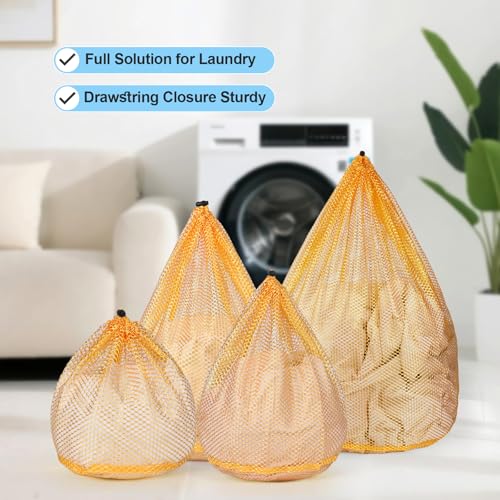 4Pcs Mesh Laundry Bags Washing Machine Mesh Wash Bags for Clothes,Underwear,Lingerie, Bed Linen with Drawstring Closure Sturdy(4 Size, Yellow) - color: Yellow, size: Pack 4 pcs