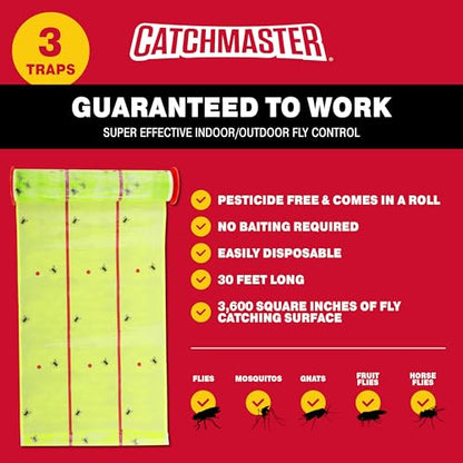 Catchmaster Giant Fly Glue Trap 3-Pack 30 Feet Each, Adhesive Fly Traps Outdoor, Sticky Bug Catcher, Bulk Flying Insect Paper Roll, Pest Control for Garage, Barn, Greenhouse & Garbage Room - size: 3 Pack