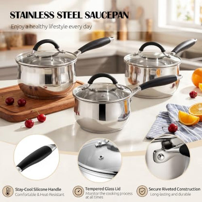 E-far 3 Quart Saucepan, Tri-Ply Base Stainless Steel Sauce Pot with Lid - size: 3 Quart