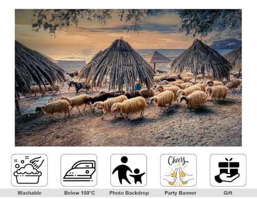 10x8ft Fabric Beach Straw Hut Sheep Backdrop Thatched Beach Umbrella Flock Wool Sheep Sandy Shore Calm Sea Sunset Sky Tapestry Beach Party Decorations Photo Booth Props - size: 10x8ft