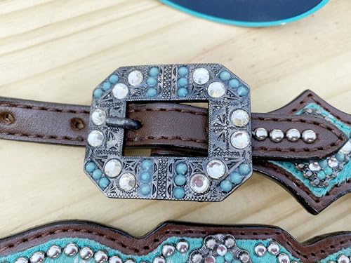 Western Leather Headstall & Breast Collar Set for Horses - Valentine’s Day Silver Metallic Cowhide with Rhinestones - color: Turquoise