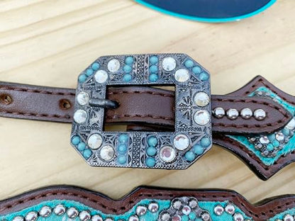 Western Leather Headstall & Breast Collar Set for Horses - Valentine’s Day Silver Metallic Cowhide with Rhinestones - color: Turquoise
