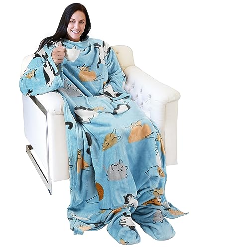 Catalonia Wearable Blanket with Sleeves & Foot Pocket for Adults - color: Cat Blue, size: Fleece