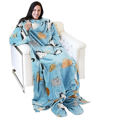 Catalonia Wearable Blanket with Sleeves & Foot Pocket for Adults - color: Cat Blue, size: Fleece